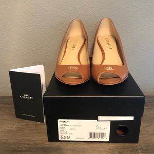 Tan brown Coach wedge open toe shoes